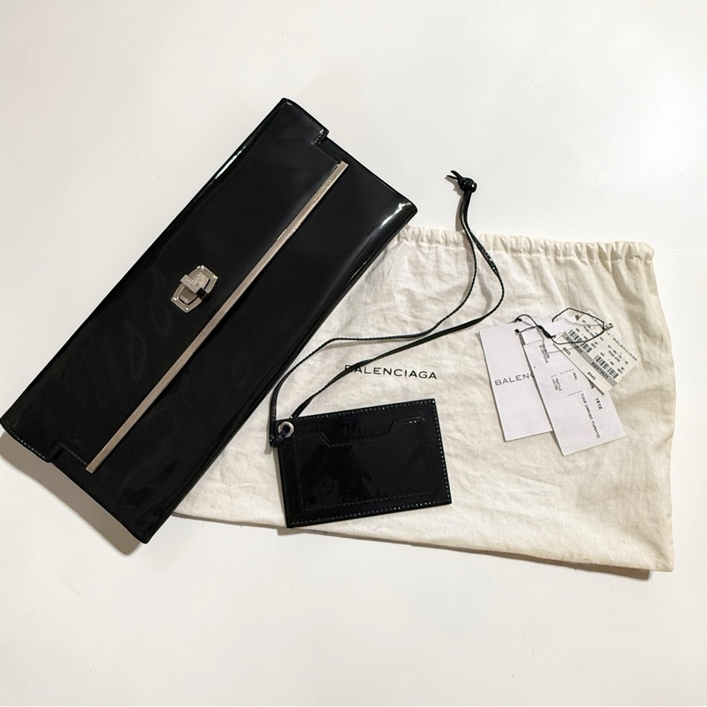 AUTH BALENCIAGA PATENT LEATHER BLACK CLUTCH BAG LONG SILVER LOCK + MIRROR DUSTER - Picture 3 of 16